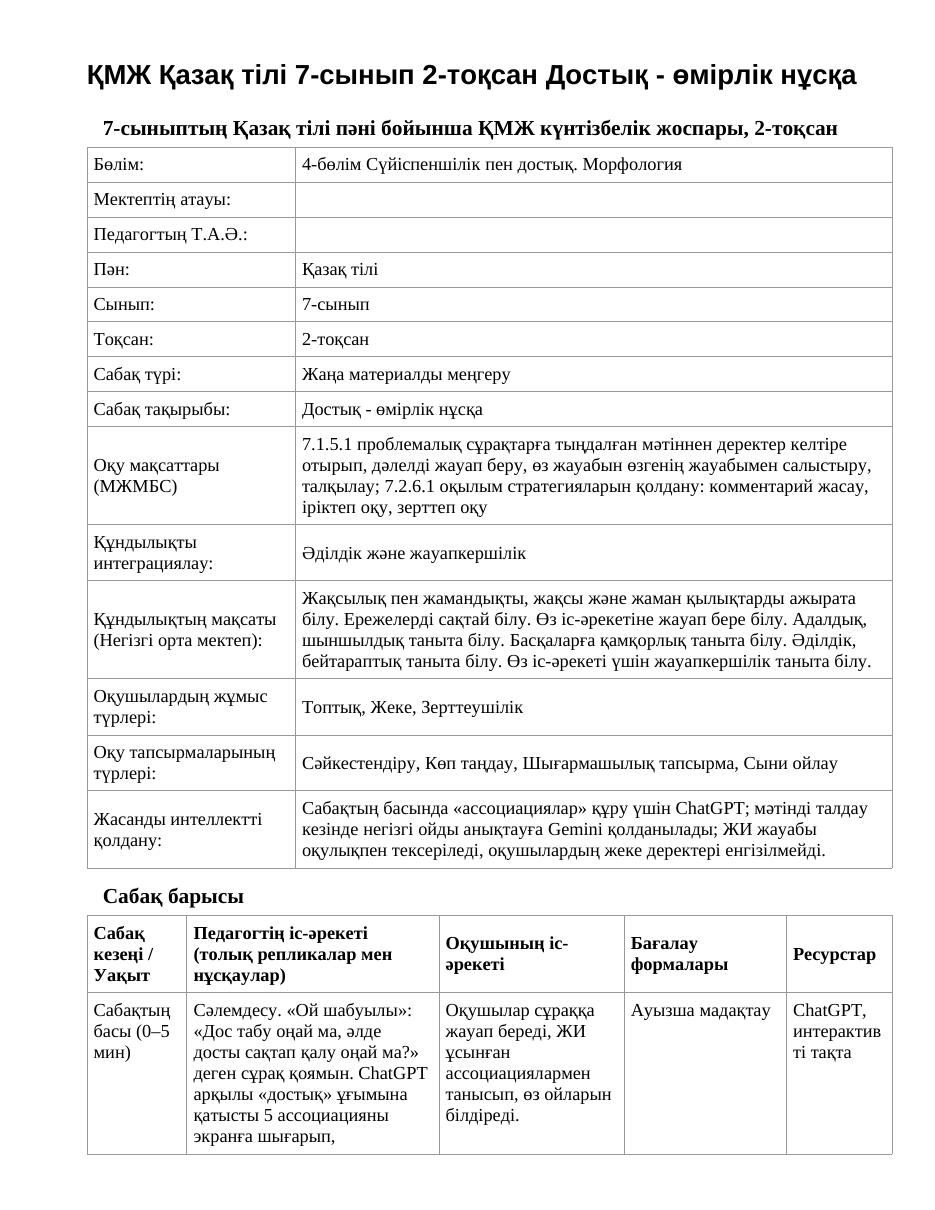 ҚМЖ Қазақ тілі 7-сынып 2-тоқсан Достық - өмірлік нұсқа