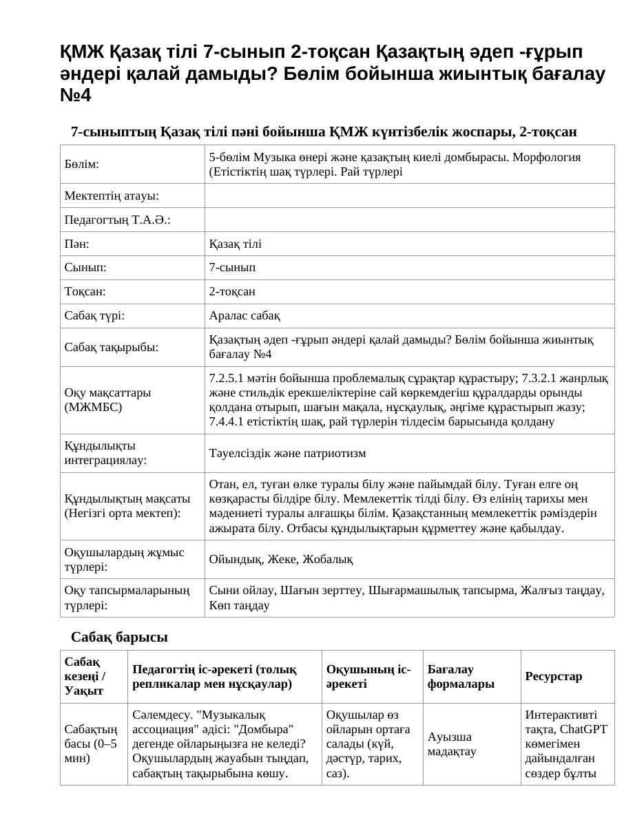 ҚМЖ Қазақ тілі 7-сынып 2-тоқсан Қазақтың әдеп -ғұрып әндері қалай дамыды? Бөлім бойынша жиынтық бағалау №4