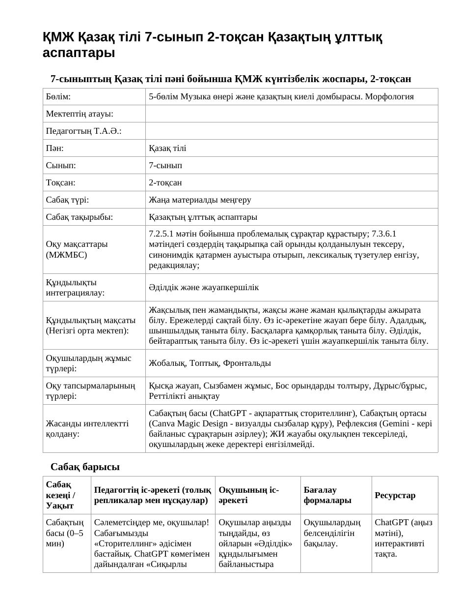 ҚМЖ Қазақ тілі 7-сынып 2-тоқсан Қазақтың ұлттық аспаптары