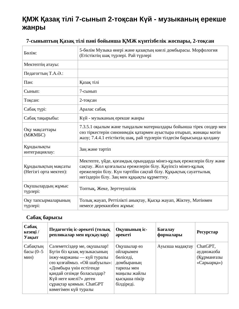 ҚМЖ Қазақ тілі 7-сынып 2-тоқсан Күй - музыканың ерекше жанры