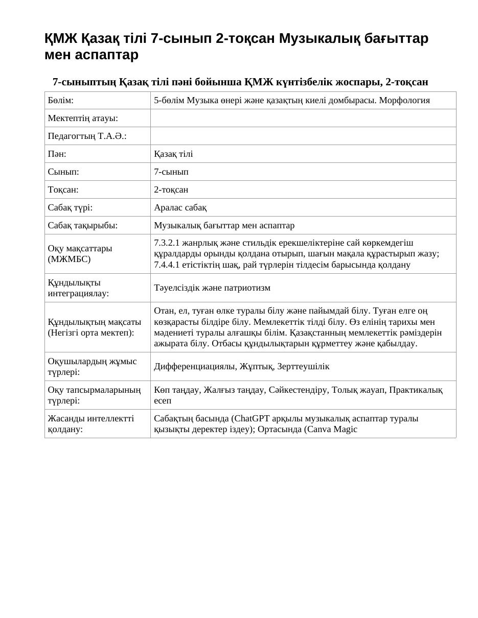 ҚМЖ Қазақ тілі 7-сынып 2-тоқсан Музыкалық бағыттар мен аспаптар