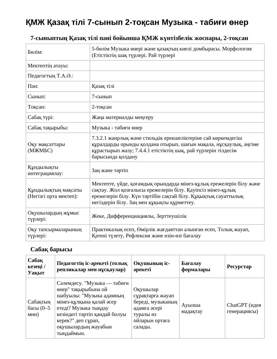 ҚМЖ Қазақ тілі 7-сынып 2-тоқсан Музыка - табиғи өнер