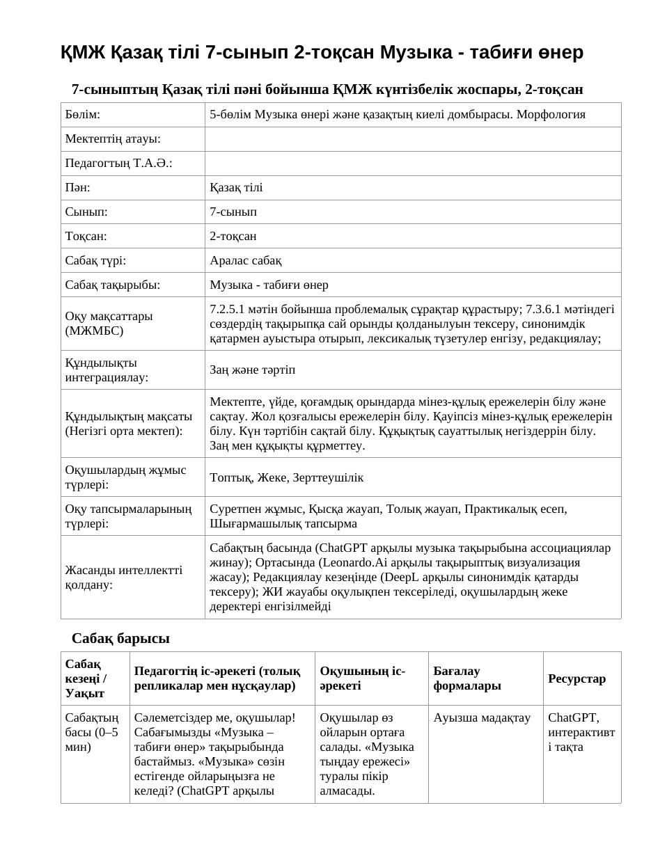 ҚМЖ Қазақ тілі 7-сынып 2-тоқсан Музыка - табиғи өнер