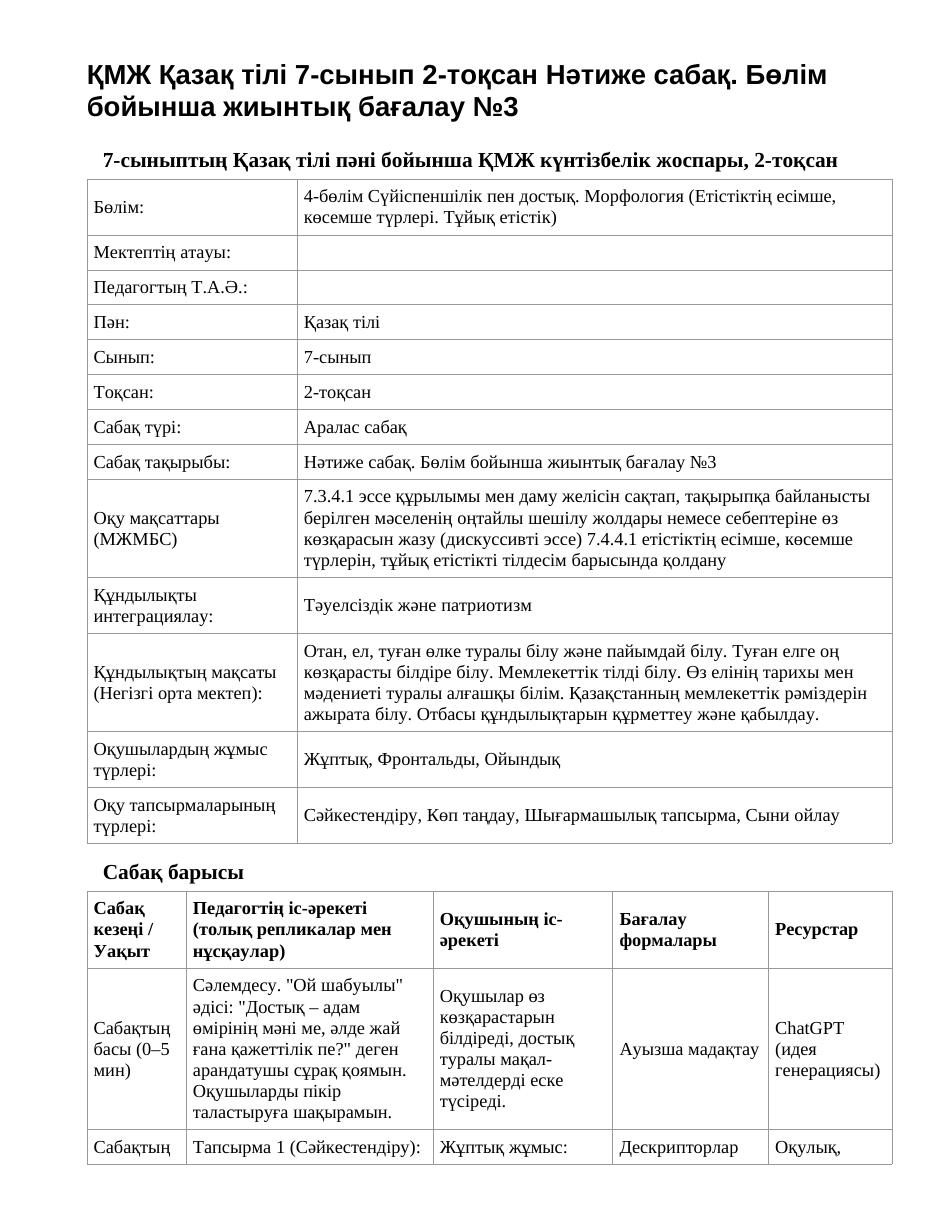 ҚМЖ Қазақ тілі 7-сынып 2-тоқсан Нәтиже сабақ. Бөлім бойынша жиынтық бағалау №3