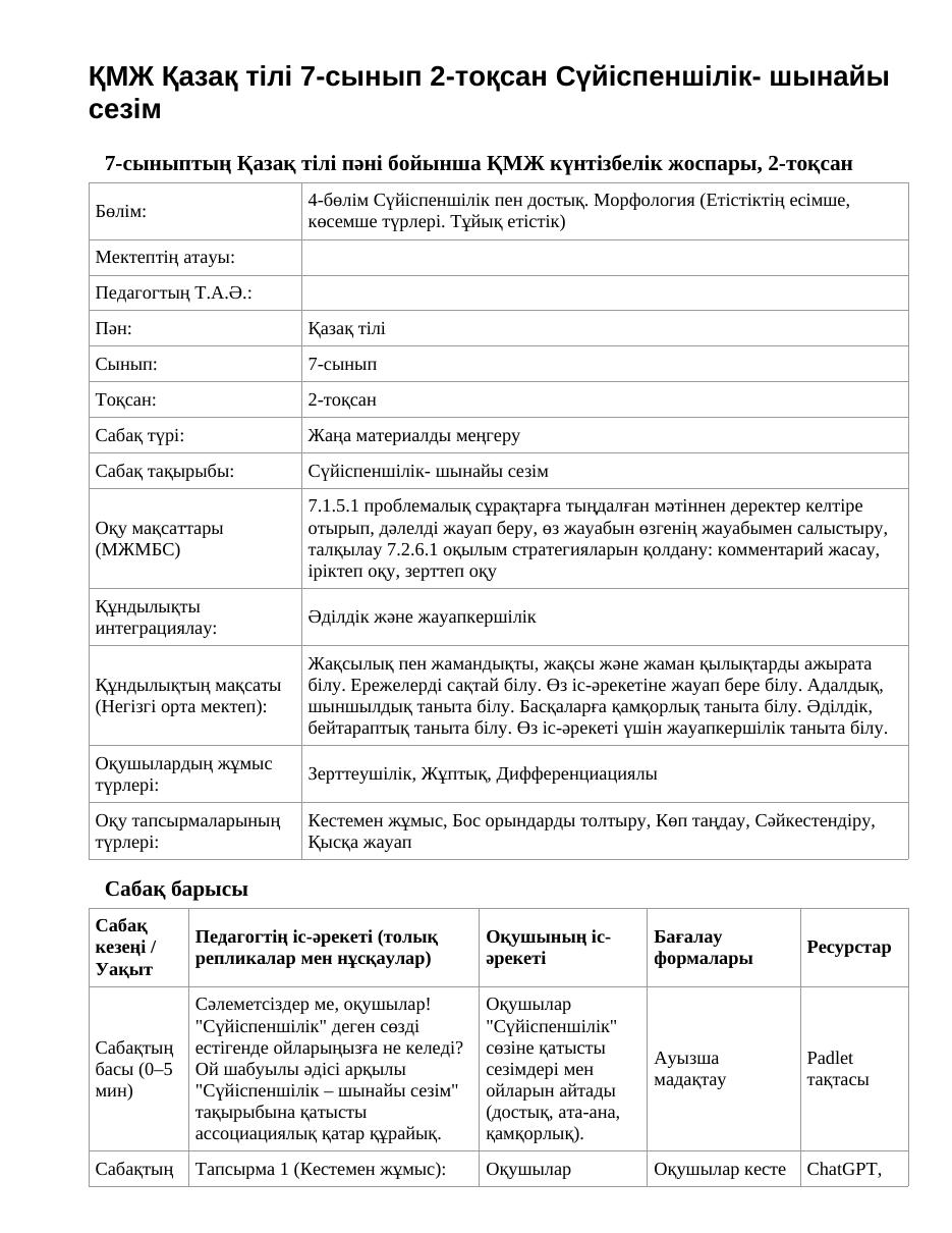 ҚМЖ Қазақ тілі 7-сынып 2-тоқсан Сүйіспеншілік- шынайы сезім