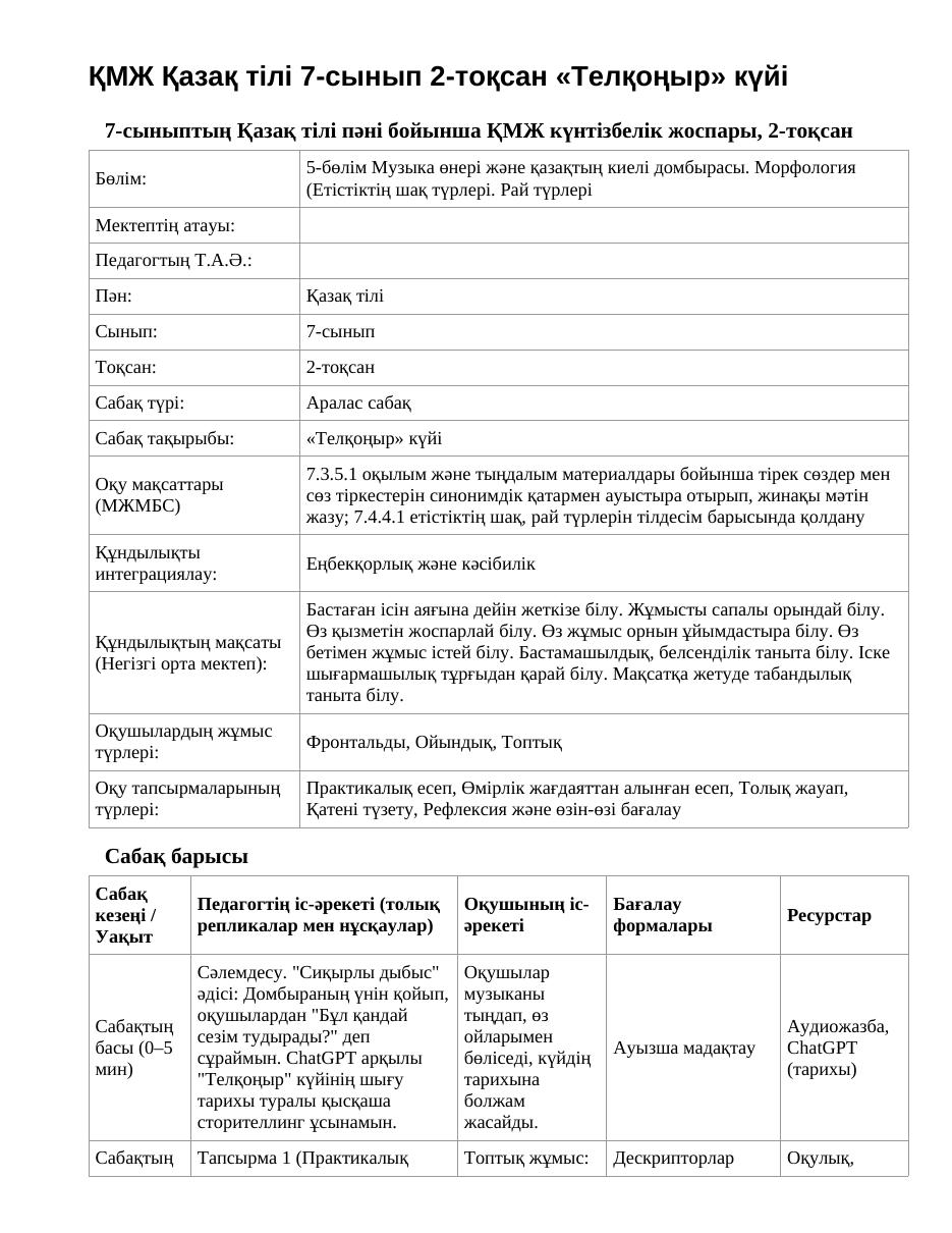 ҚМЖ Қазақ тілі 7-сынып 2-тоқсан «Телқоңыр» күйі