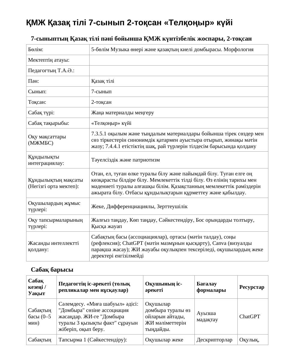 ҚМЖ Қазақ тілі 7-сынып 2-тоқсан «Телқоңыр» күйі