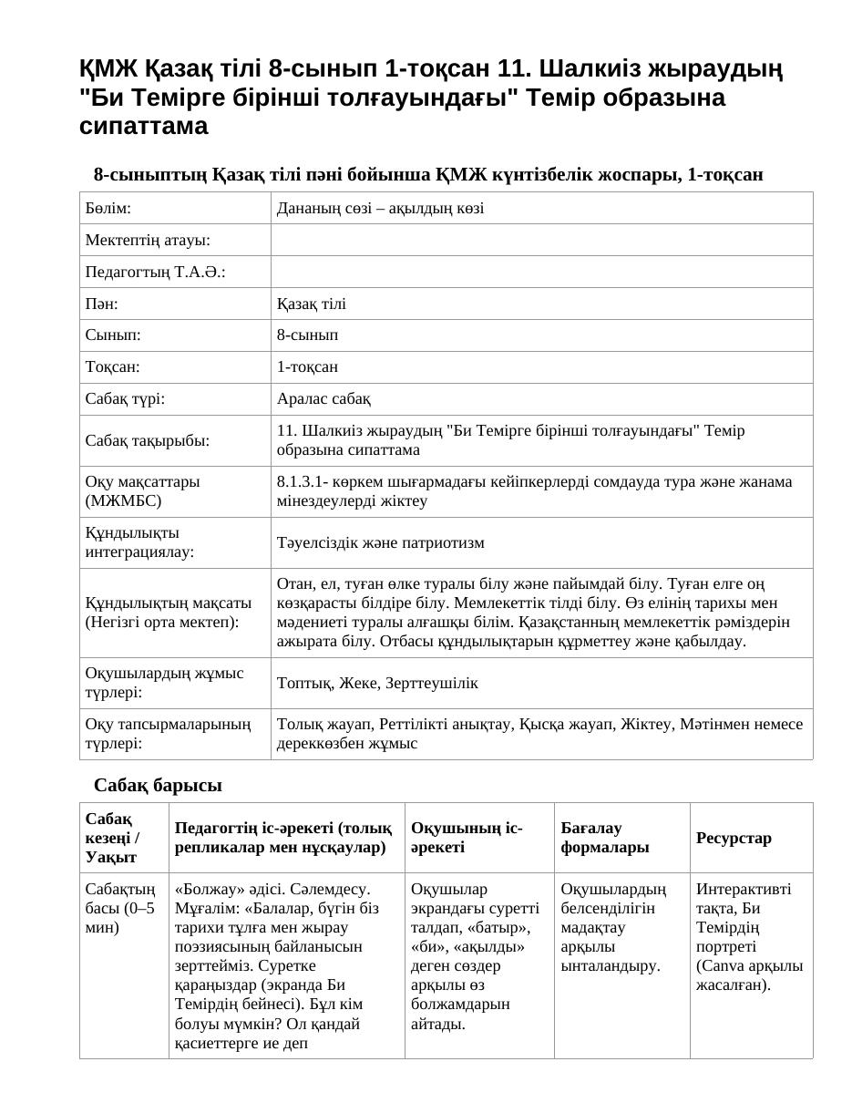 ҚМЖ Қазақ тілі 8-сынып 1-тоқсан 11. Шалкиіз жыраудың "Би Темірге бірінші толғауындағы" Темір образына сипаттама