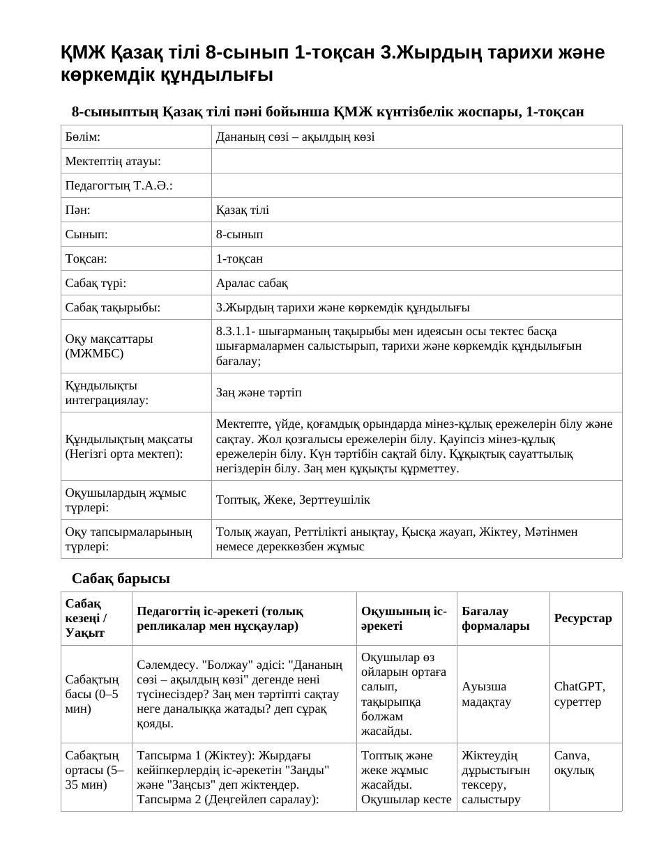 ҚМЖ Қазақ тілі 8-сынып 1-тоқсан 3.Жырдың тарихи және көркемдік құндылығы