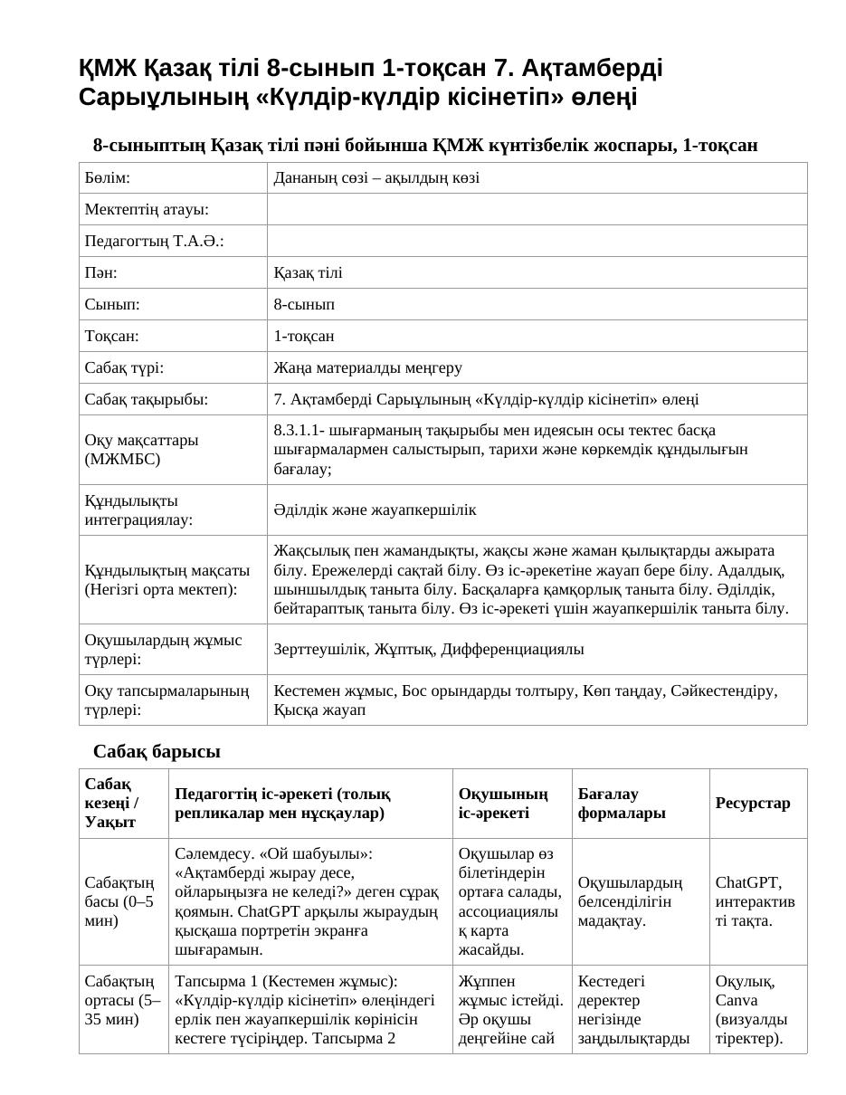 ҚМЖ Қазақ тілі 8-сынып 1-тоқсан 7. Ақтамберді Сарыұлының «Күлдір-күлдір кісінетіп» өлеңі