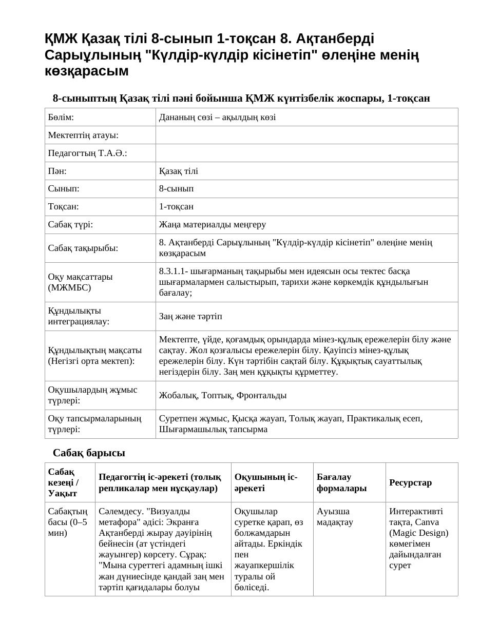 ҚМЖ Қазақ тілі 8-сынып 1-тоқсан 8. Ақтанберді Сарыұлының "Күлдір-күлдір кісінетіп" өлеңіне менің көзқарасым