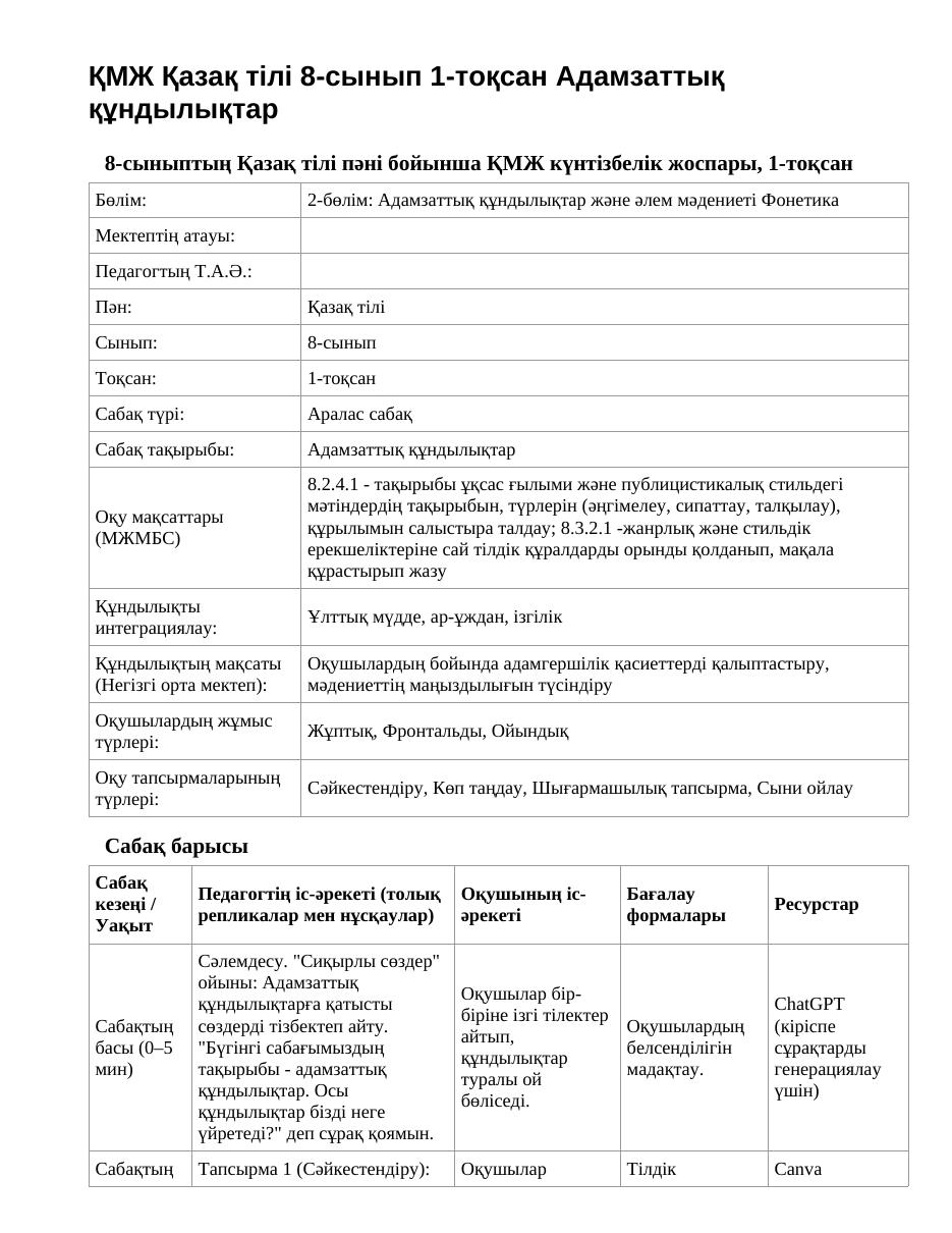 ҚМЖ Қазақ тілі 8-сынып 1-тоқсан Адамзаттық құндылықтар