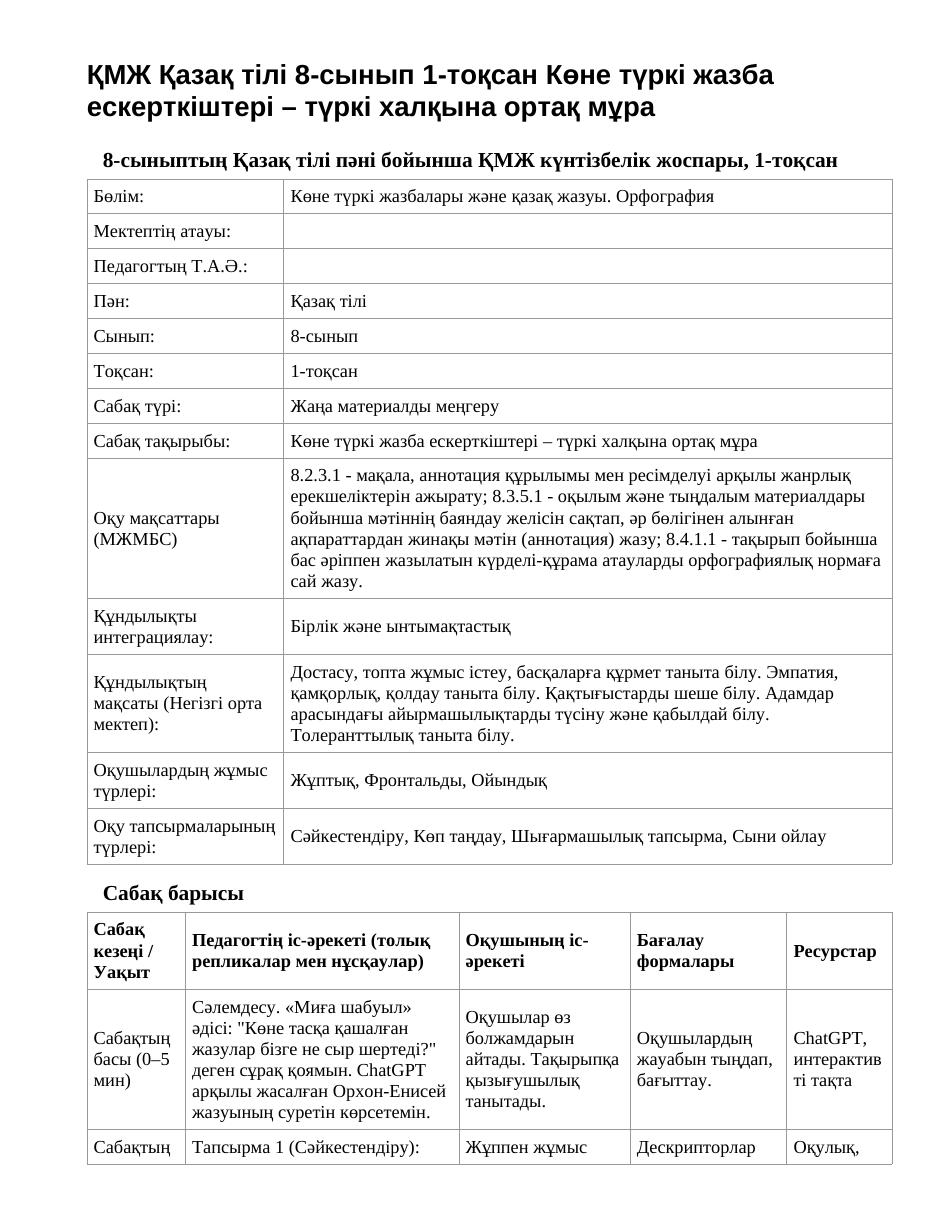 ҚМЖ Қазақ тілі 8-сынып 1-тоқсан Көне түркі жазба ескерткіштері – түркі халқына ортақ мұра