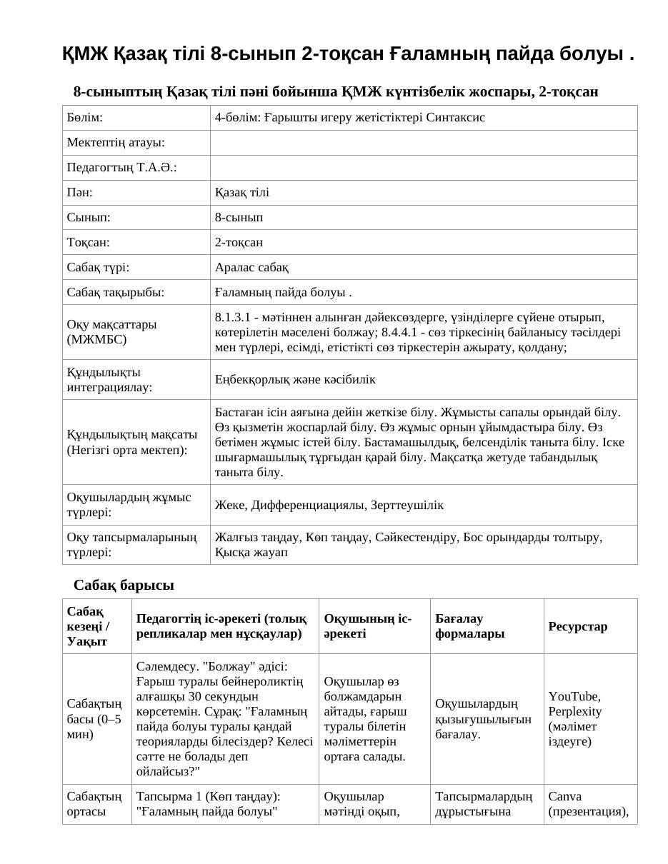 ҚМЖ Қазақ тілі 8-сынып 2-тоқсан Ғаламның пайда болуы .