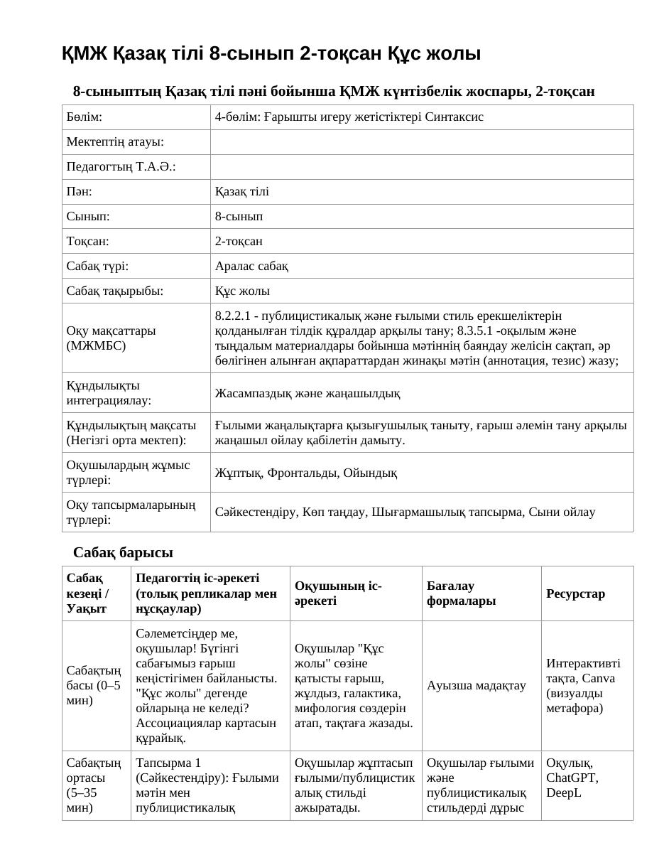 ҚМЖ Қазақ тілі 8-сынып 2-тоқсан Құс жолы