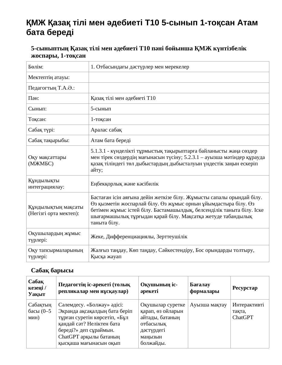 ҚМЖ Қазақ тілі мен әдебиеті Т10 5-сынып 1-тоқсан Атам бата береді