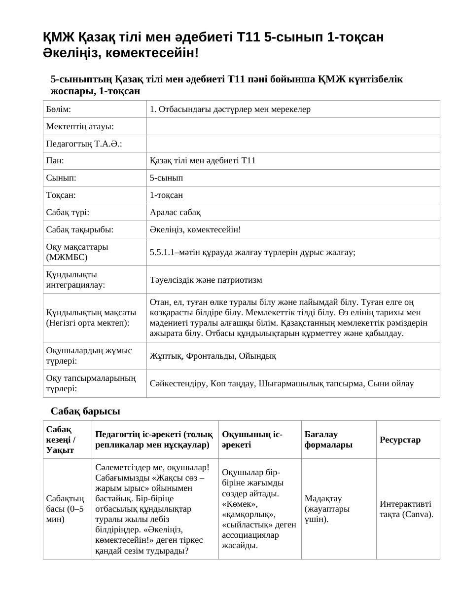ҚМЖ Қазақ тілі мен әдебиеті Т11 5-сынып 1-тоқсан Әкеліңіз, көмектесейін!