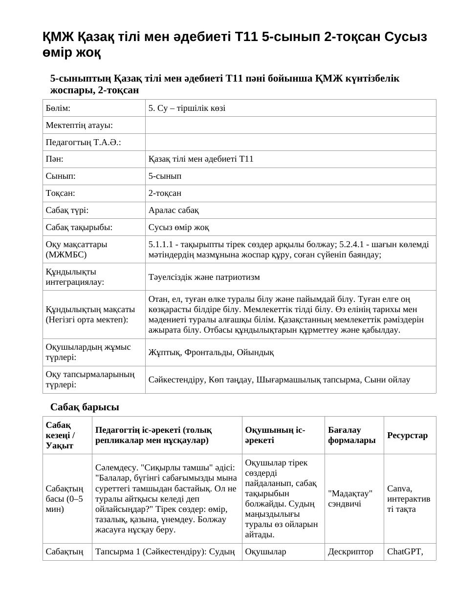 ҚМЖ Қазақ тілі мен әдебиеті Т11 5-сынып 2-тоқсан Сусыз өмір жоқ