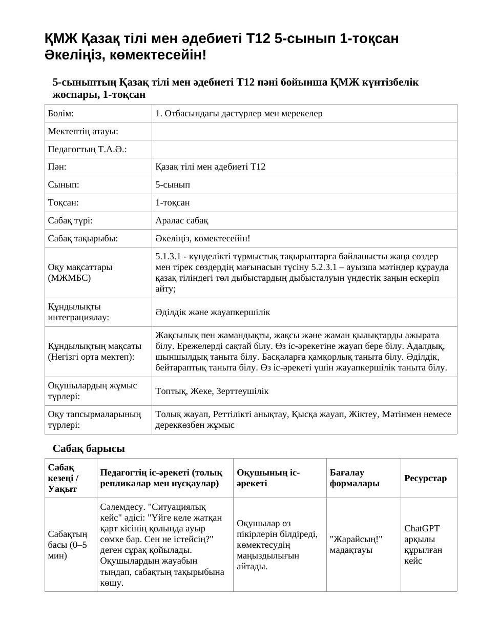 ҚМЖ Қазақ тілі мен әдебиеті Т12 5-сынып 1-тоқсан Әкеліңіз, көмектесейін!