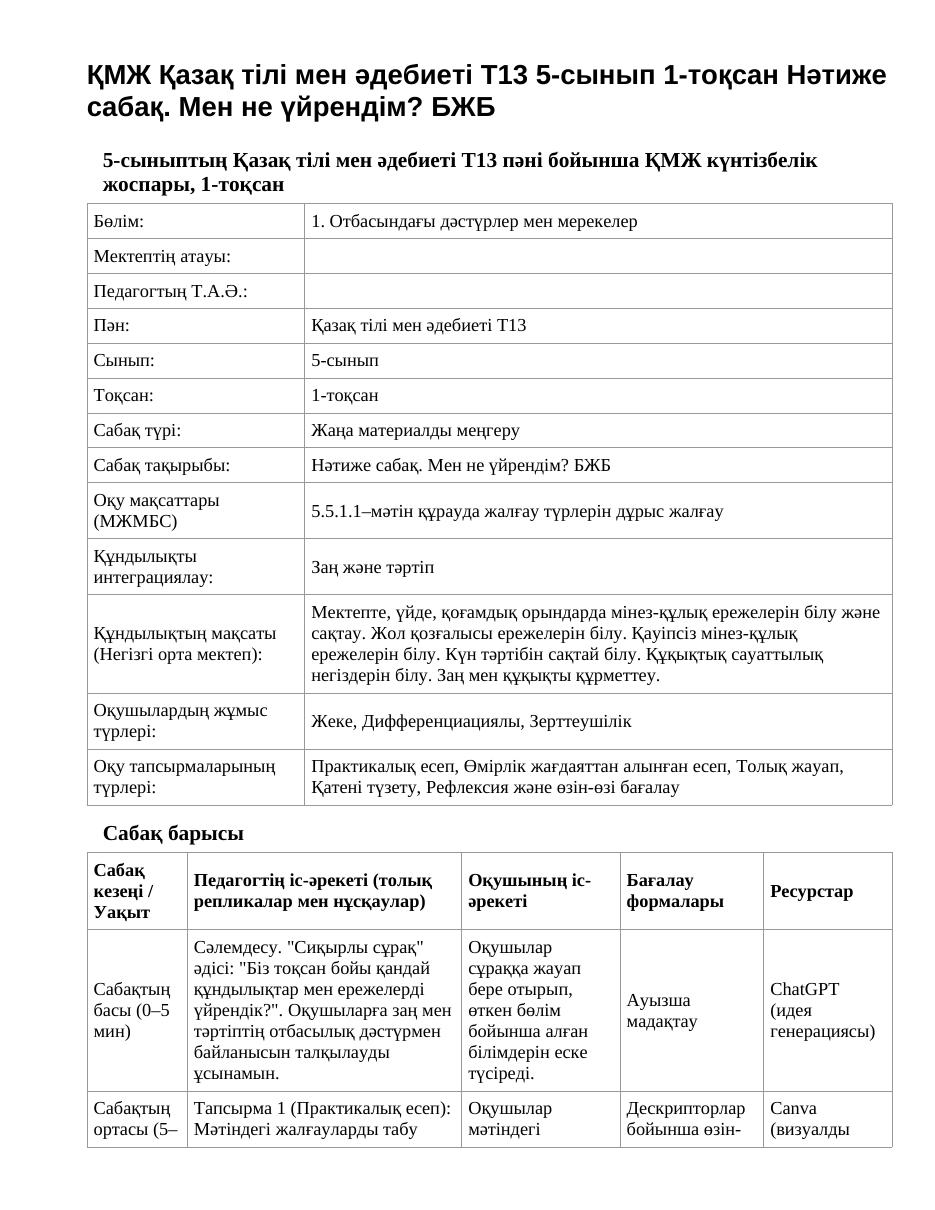 ҚМЖ Қазақ тілі мен әдебиеті Т13 5-сынып 1-тоқсан Нәтиже сабақ. Мен не үйрендім? БЖБ