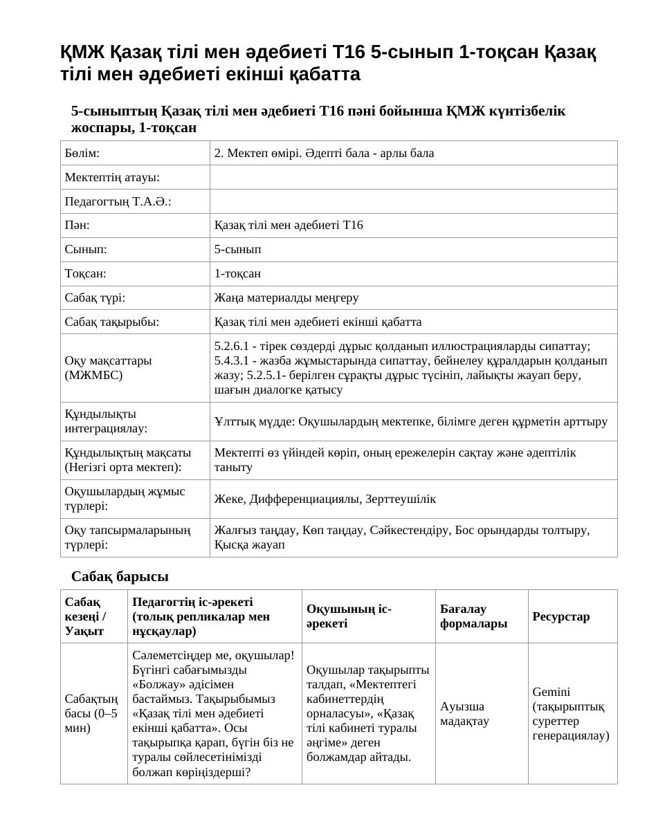 ҚМЖ Қазақ тілі мен әдебиеті Т16 5-сынып 1-тоқсан Қазақ тілі мен әдебиеті екінші қабатта