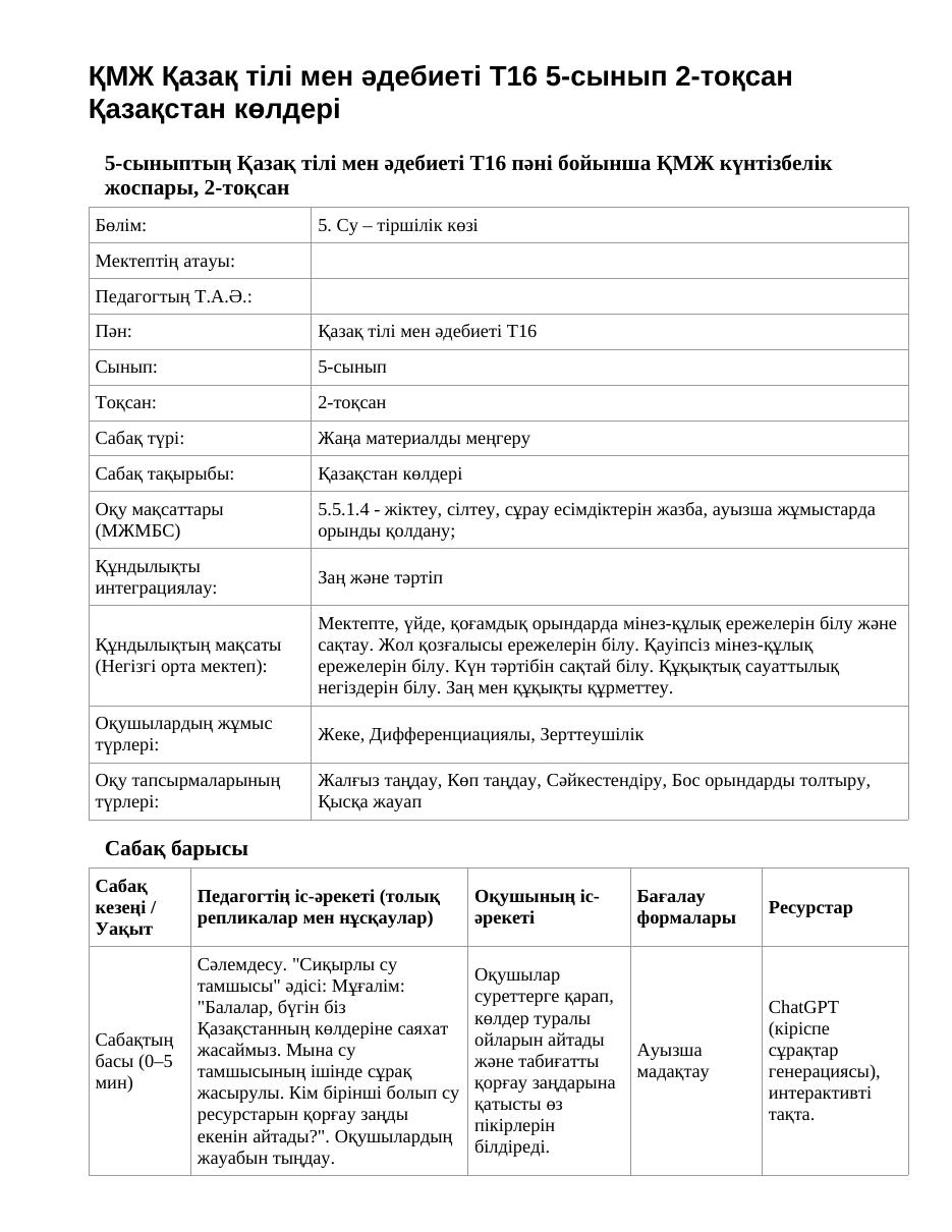 ҚМЖ Қазақ тілі мен әдебиеті Т16 5-сынып 2-тоқсан Қазақстан көлдері