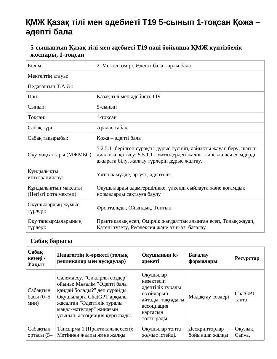 ҚМЖ Қазақ тілі мен әдебиеті Т19 5-сынып 1-тоқсан Қожа – әдепті бала