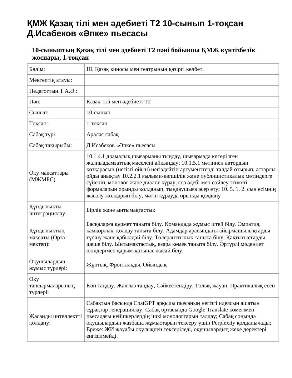 ҚМЖ Қазақ тілі мен әдебиеті Т2 10-сынып 1-тоқсан Д.Исабеков «Әпке» пьесасы