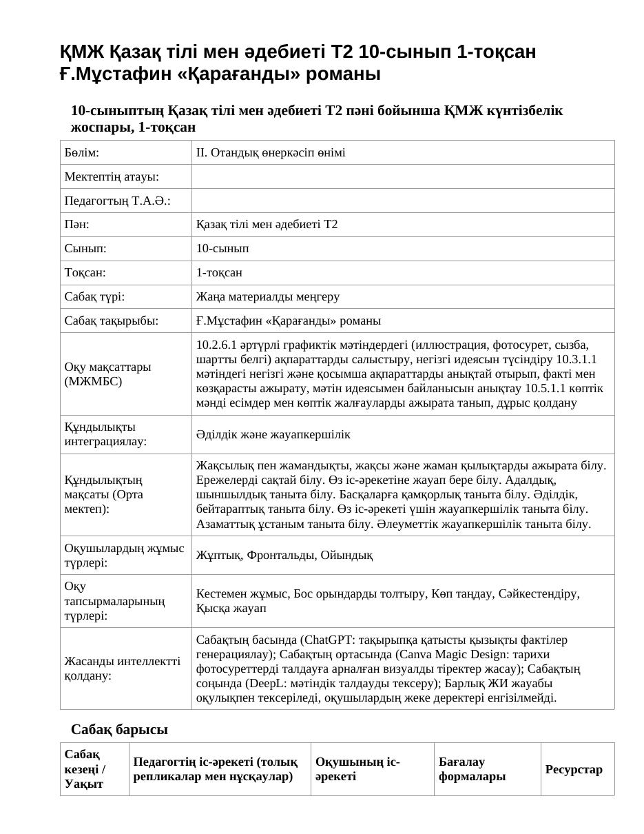 ҚМЖ Қазақ тілі мен әдебиеті Т2 10-сынып 1-тоқсан Ғ.Мұстафин «Қарағанды» романы