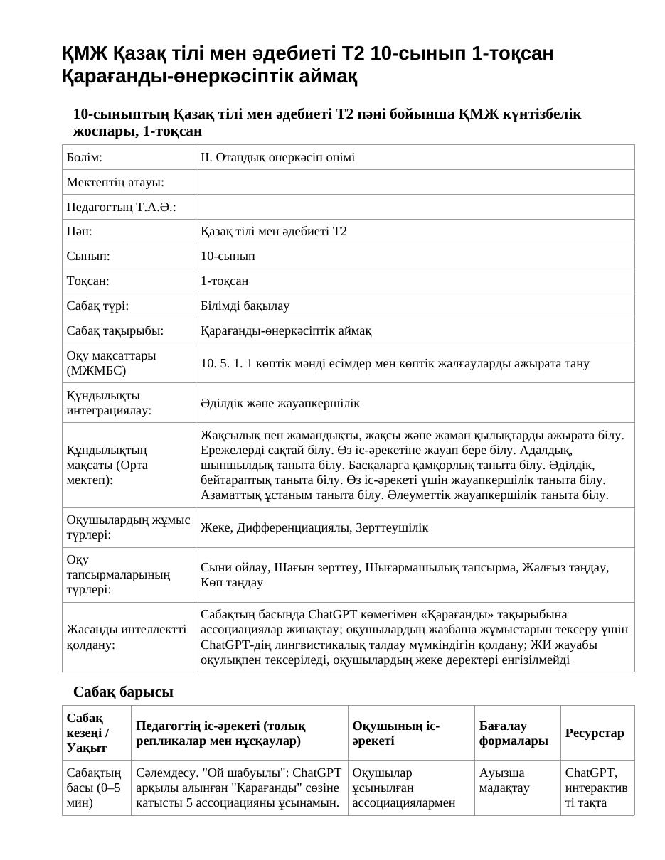 ҚМЖ Қазақ тілі мен әдебиеті Т2 10-сынып 1-тоқсан Қарағанды-өнеркәсіптік аймақ