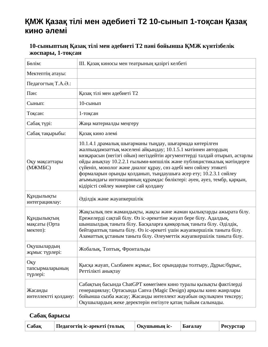ҚМЖ Қазақ тілі мен әдебиеті Т2 10-сынып 1-тоқсан Қазақ кино әлемі