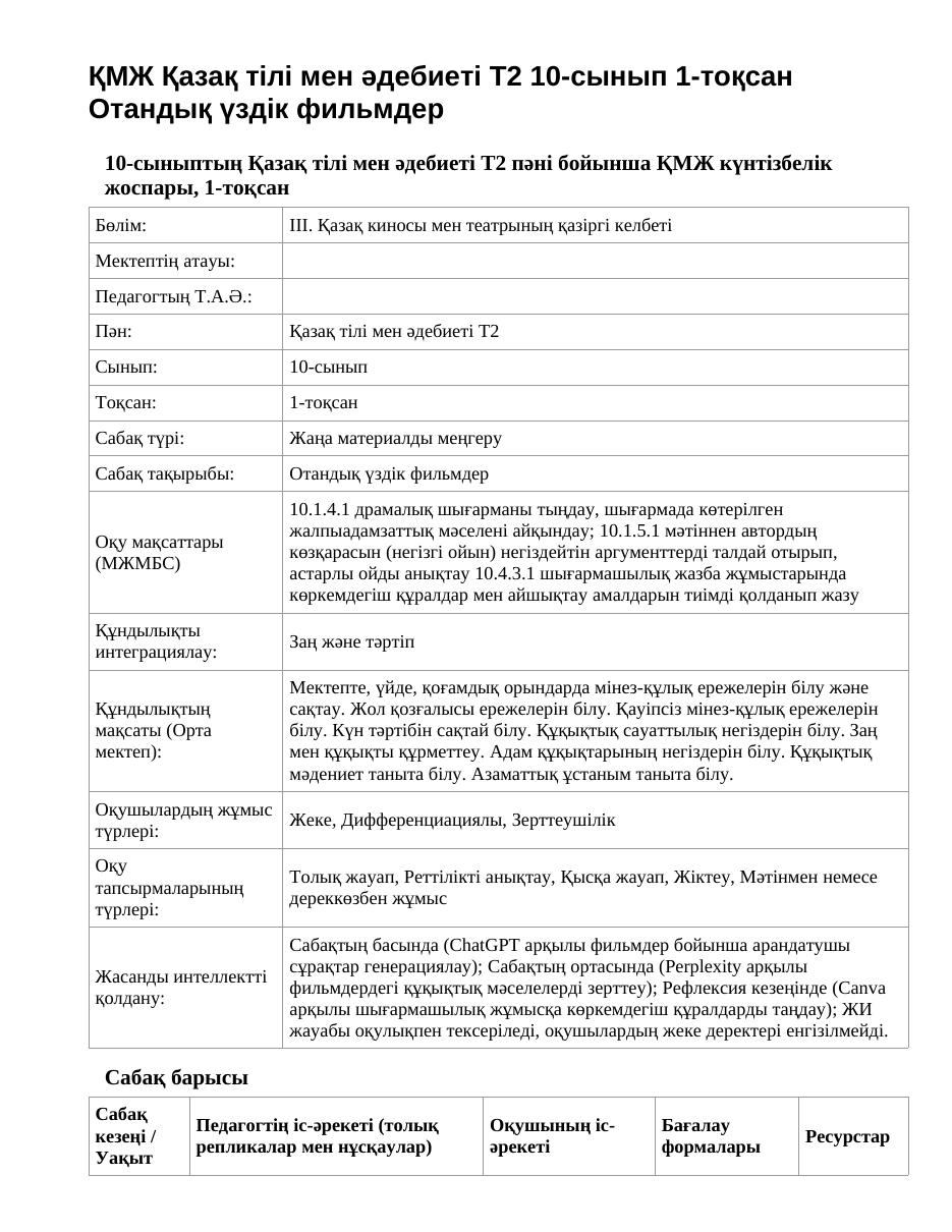 ҚМЖ Қазақ тілі мен әдебиеті Т2 10-сынып 1-тоқсан Отандық үздік фильмдер