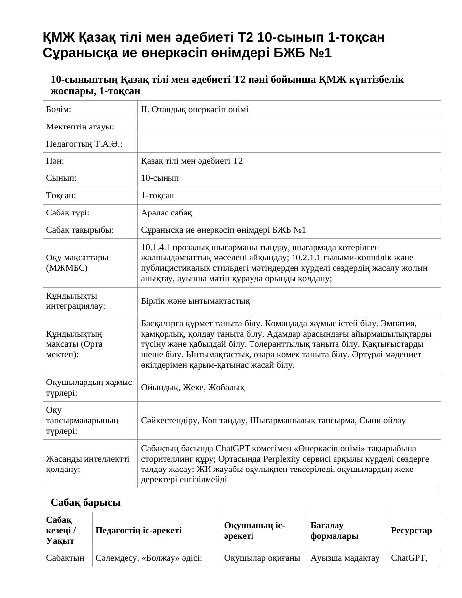 ҚМЖ Қазақ тілі мен әдебиеті Т2 10-сынып 1-тоқсан Сұранысқа ие өнеркәсіп өнімдері БЖБ №1
