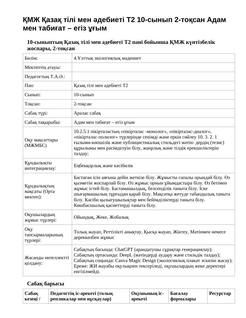 ҚМЖ Қазақ тілі мен әдебиеті Т2 10-сынып 2-тоқсан Адам мен табиғат – егіз ұғым