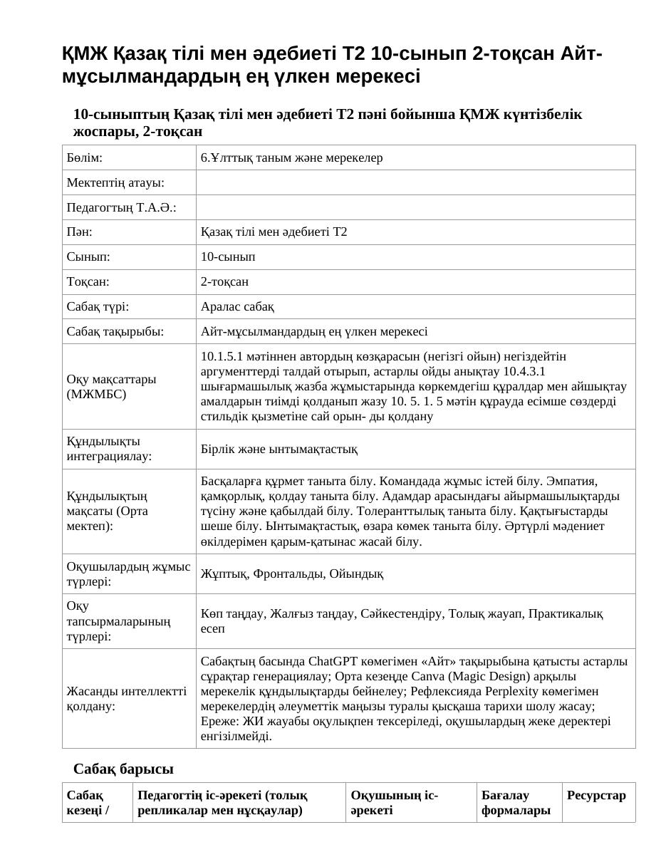 ҚМЖ Қазақ тілі мен әдебиеті Т2 10-сынып 2-тоқсан Айт-мұсылмандардың ең үлкен мерекесі