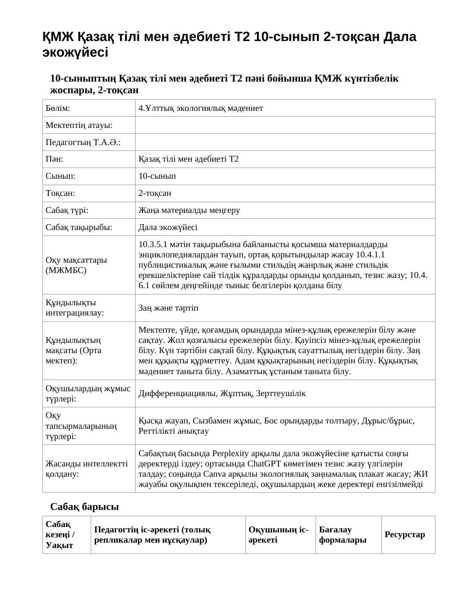 ҚМЖ Қазақ тілі мен әдебиеті Т2 10-сынып 2-тоқсан Дала экожүйесі
