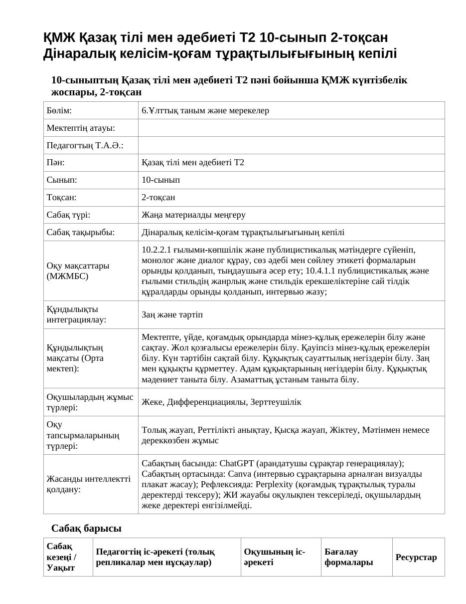 ҚМЖ Қазақ тілі мен әдебиеті Т2 10-сынып 2-тоқсан Дінаралық келісім-қоғам тұрақтылығығының кепілі