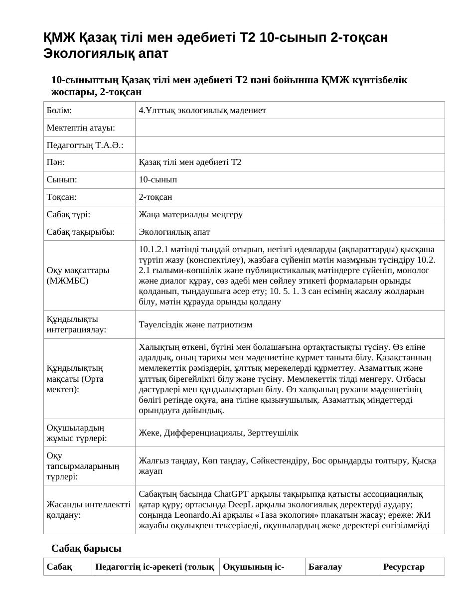 ҚМЖ Қазақ тілі мен әдебиеті Т2 10-сынып 2-тоқсан Экологиялық апат
