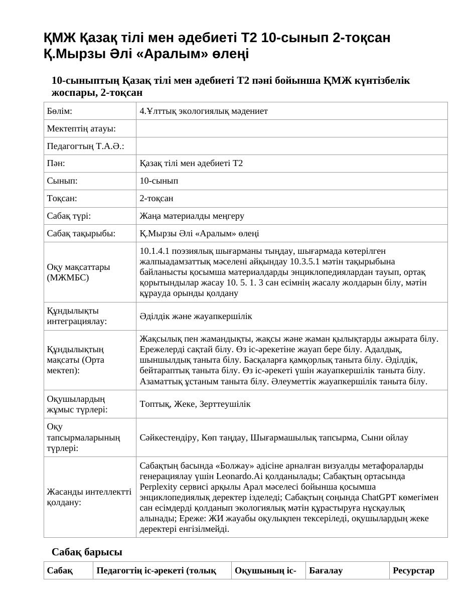 ҚМЖ Қазақ тілі мен әдебиеті Т2 10-сынып 2-тоқсан Қ.Мырзы Әлі «Аралым» өлеңі