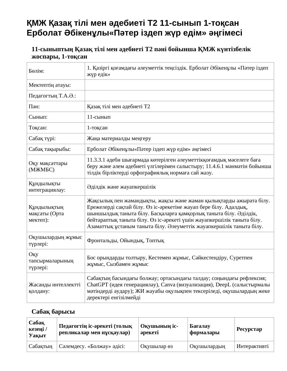 ҚМЖ Қазақ тілі мен әдебиеті Т2 11-сынып 1-тоқсан Ерболат Әбікенұлы«Пәтер іздеп жүр едім» әңгімесі