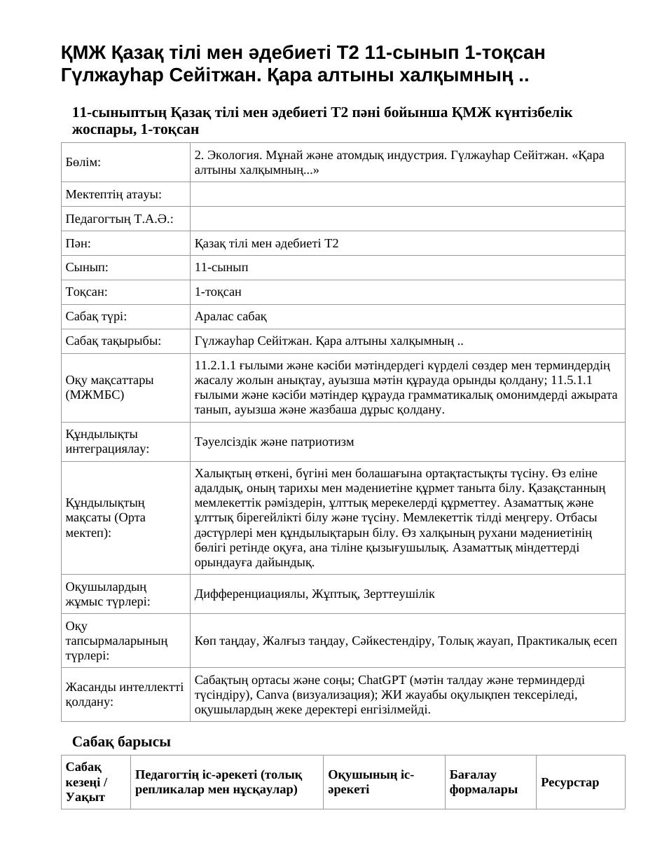 ҚМЖ Қазақ тілі мен әдебиеті Т2 11-сынып 1-тоқсан Гүлжауһар Сейітжан. Қара алтыны халқымның ..