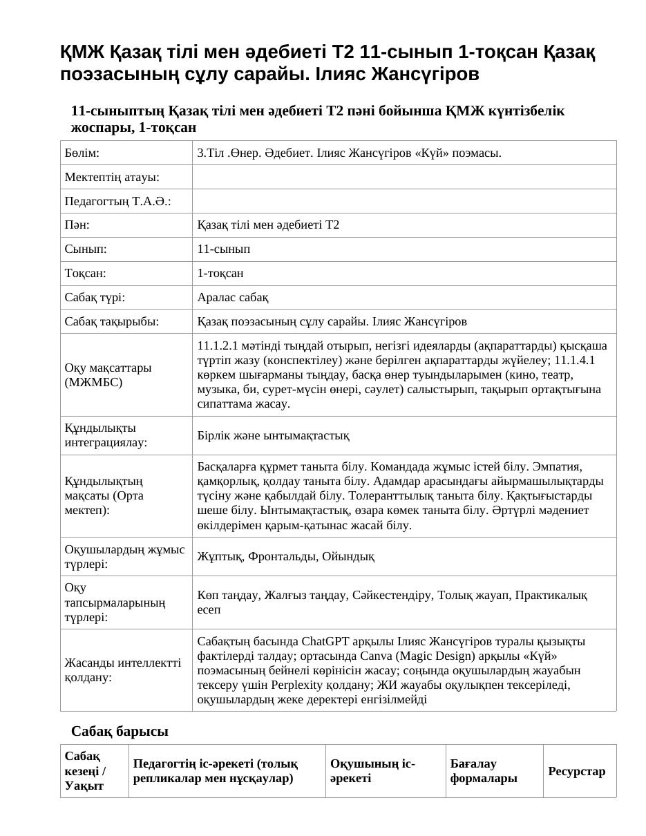 ҚМЖ Қазақ тілі мен әдебиеті Т2 11-сынып 1-тоқсан Қазақ поэзасының сұлу сарайы. Ілияс Жансүгіров