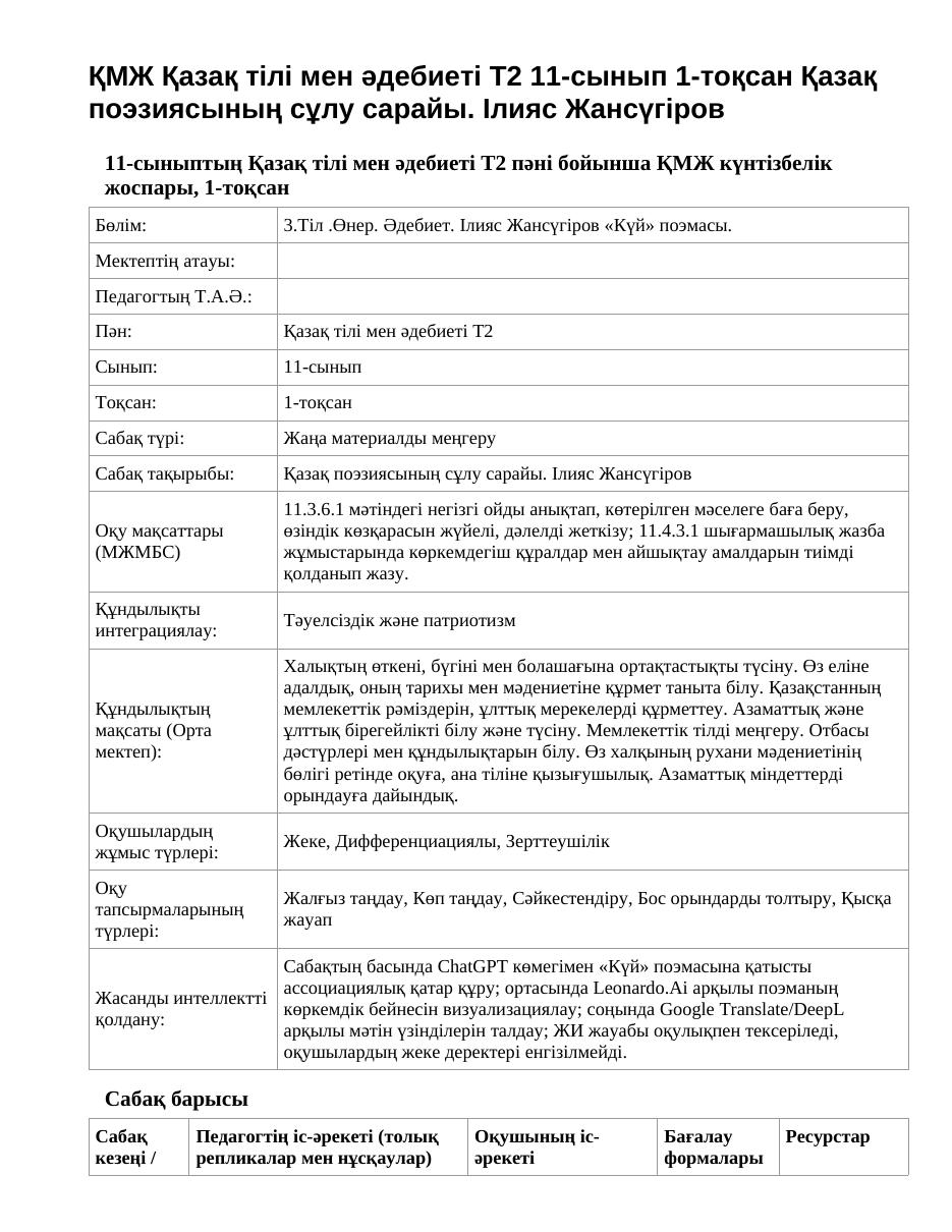 ҚМЖ Қазақ тілі мен әдебиеті Т2 11-сынып 1-тоқсан Қазақ поэзиясының сұлу сарайы. Ілияс Жансүгіров