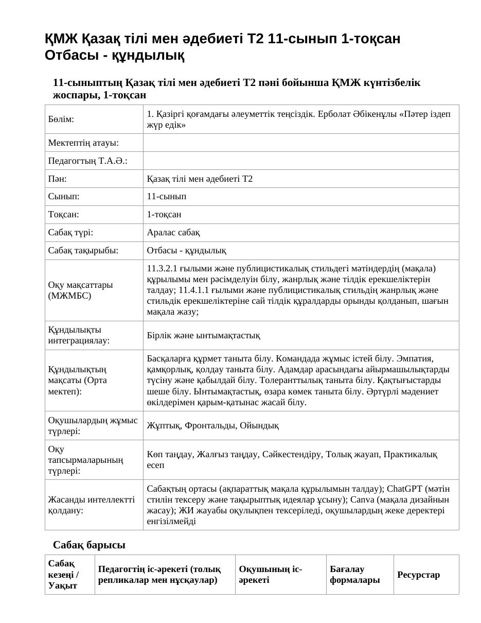 ҚМЖ Қазақ тілі мен әдебиеті Т2 11-сынып 1-тоқсан Отбасы - құндылық
