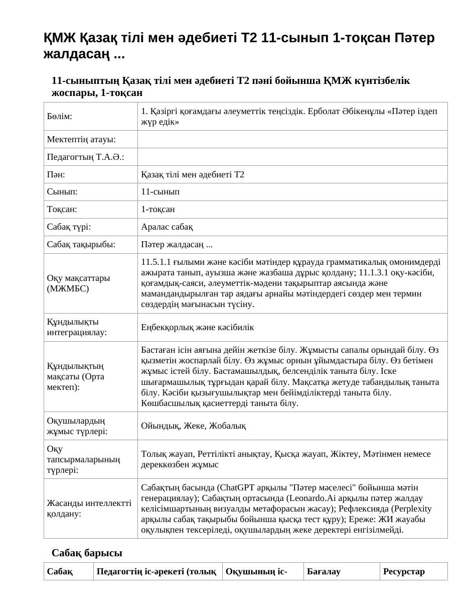 ҚМЖ Қазақ тілі мен әдебиеті Т2 11-сынып 1-тоқсан Пәтер жалдасаң ...