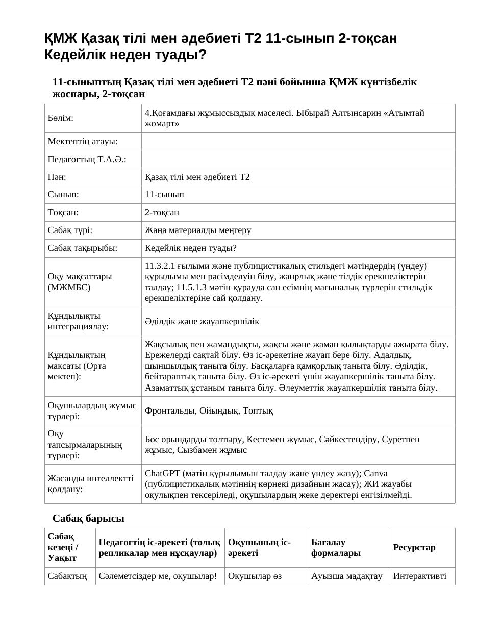 ҚМЖ Қазақ тілі мен әдебиеті Т2 11-сынып 2-тоқсан Кедейлік неден туады?