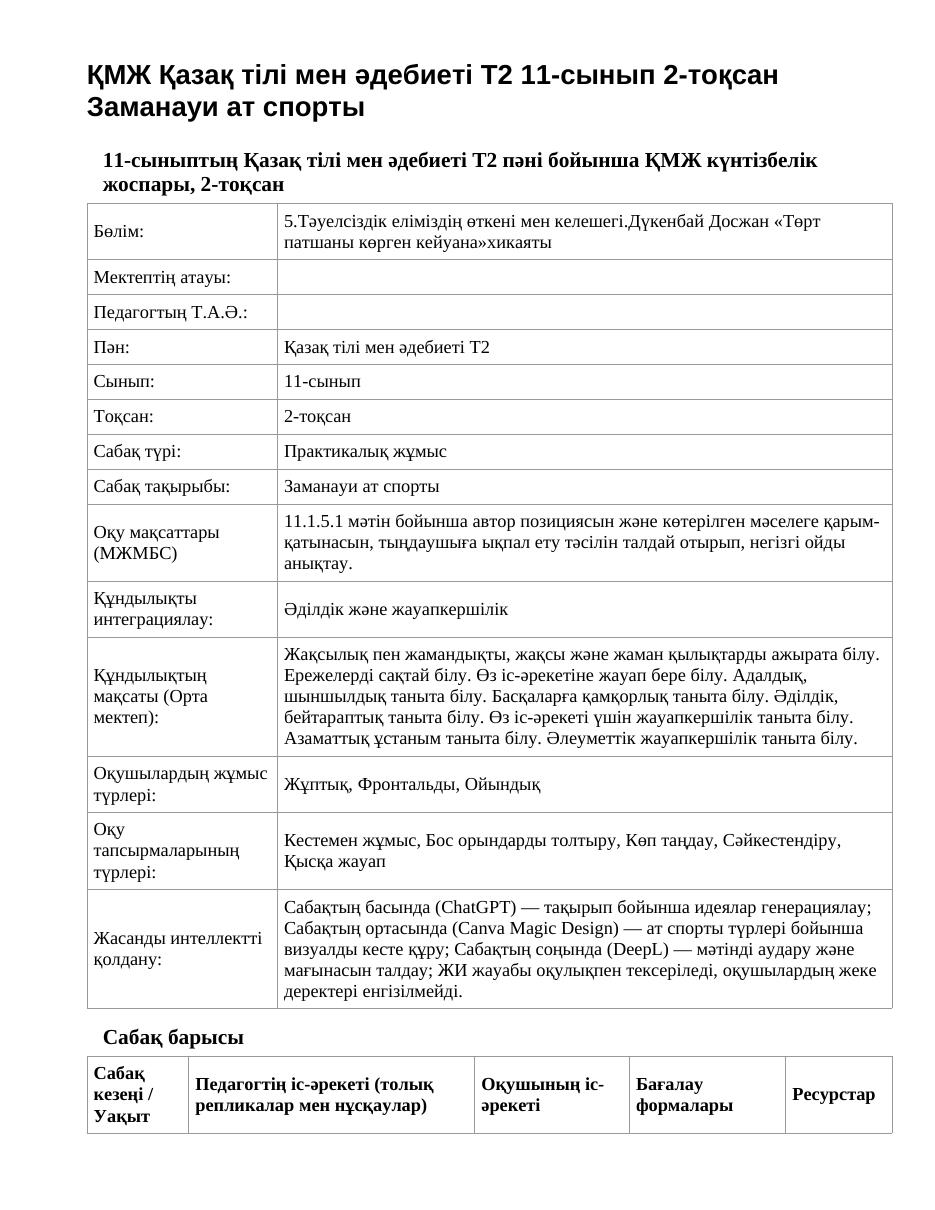 ҚМЖ Қазақ тілі мен әдебиеті Т2 11-сынып 2-тоқсан Заманауи ат спорты