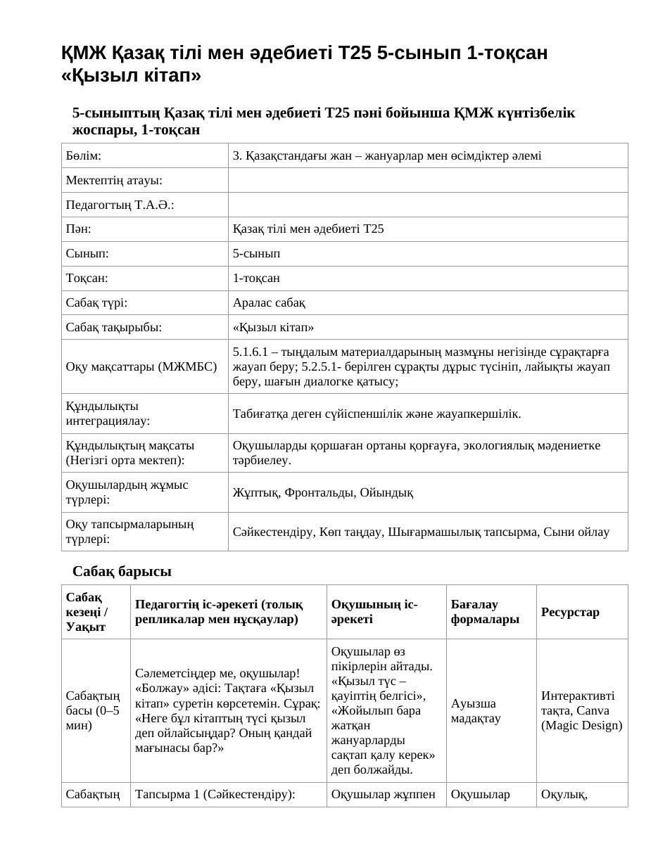 ҚМЖ Қазақ тілі мен әдебиеті Т25 5-сынып 1-тоқсан «Қызыл кітап»