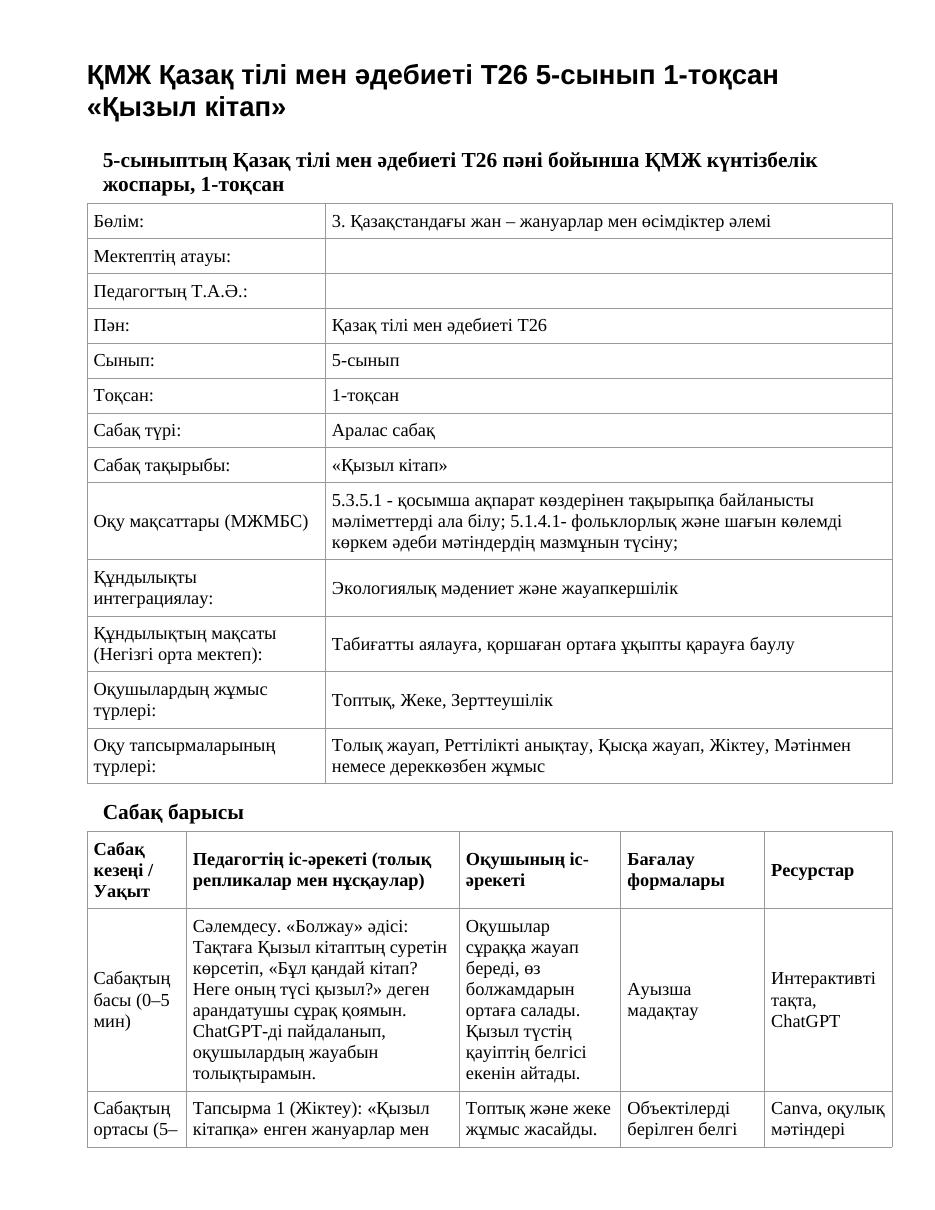 ҚМЖ Қазақ тілі мен әдебиеті Т26 5-сынып 1-тоқсан «Қызыл кітап»
