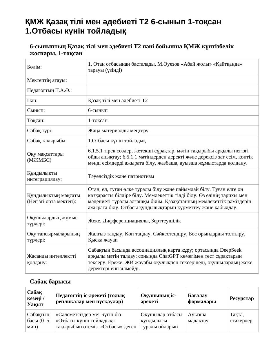 ҚМЖ Қазақ тілі мен әдебиеті Т2 6-сынып 1-тоқсан 1.Отбасы күнін тойладық